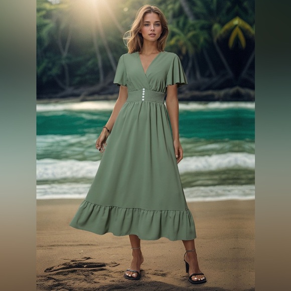 Summer Meadow Green Midi Dress with Short Sleeves - Picture 1 of 5